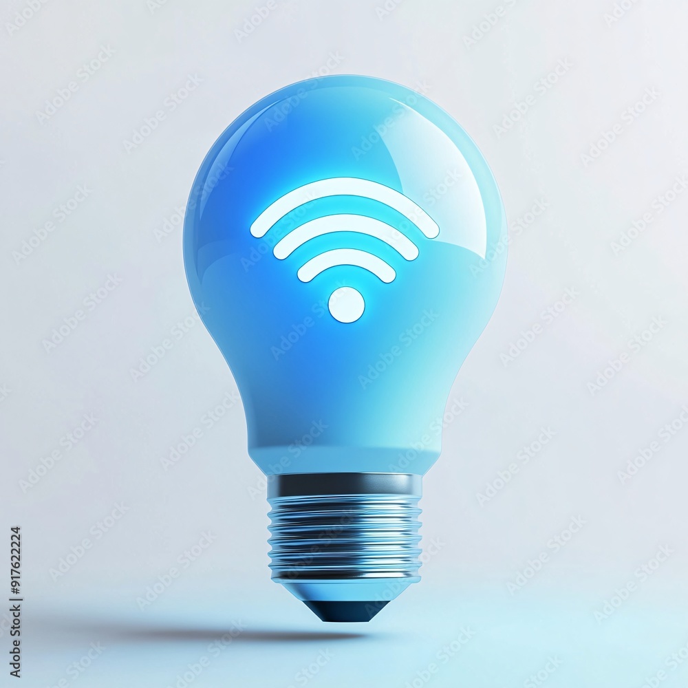 240805 04. Light bulb cyan, white background, 3D Rendering, isometric, smart bulb design, wifi symbol etched, adjustable brightness, centered product, home automation device 240805 04. Light bulb cyan, white background, 3D Rendering, isometric, smart bulb design, wifi symbol etched, adjustable brightness, centered product, home automation device