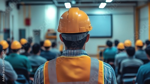 Construction Crew Safety Briefing: A focused engineer in a hard hat leads a safety briefing for construction workers photo