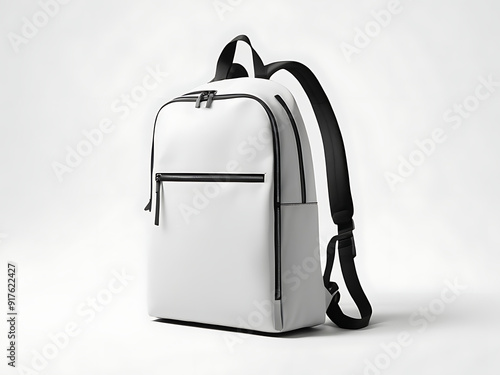 Minimalist Mock-Up of a Modern Backpack with Adjustable Straps and Zipper Details on a Plain White Background, Featuring Ample Copy Space for Branding or Graphics photo