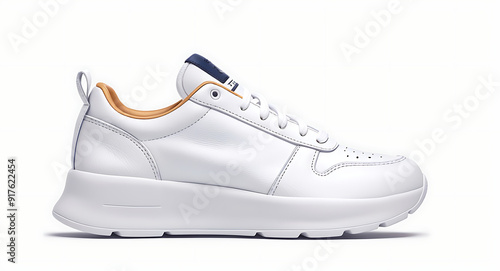 High-Quality Mock-Up of a Classic White Sneaker with Clean Lines and Textured Details on a Plain White Background, Featuring Generous Copy Space for Branding or Design Elements