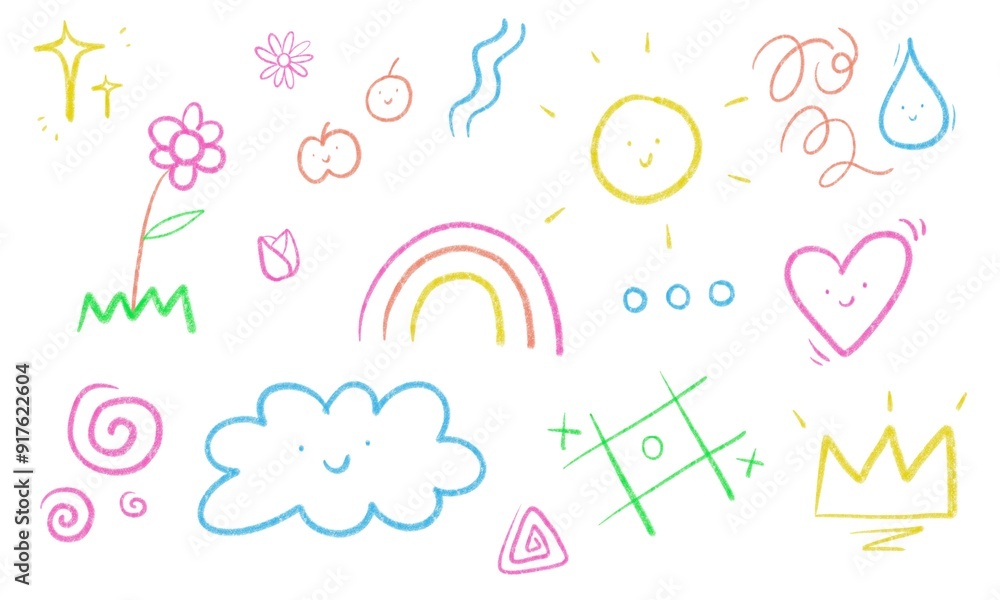 Sets of colorful, joyful child doodle. Chalk texture. Random, cute doodles drawing. Bright and vibrant background. Sets of colorful, joyful child doodle. Chalk texture. Random, cute doodles drawing. Bright and vibrant background.
