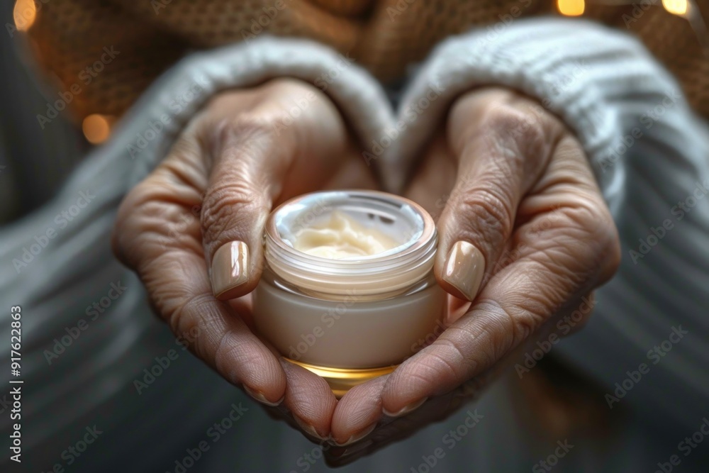 Closeup of a woman's hands holding a jar of hand cream. Closeup of a woman's hands holding a jar of hand cream.