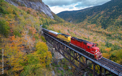 Scenic train at Trestle bridge in North Conway in Autumn, New Hampshire, USA
