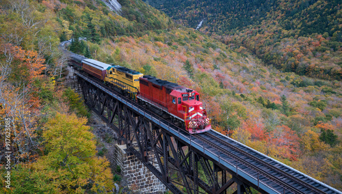 Scenic train at Trestle bridge in North Conway in Autumn, New Hampshire, USA