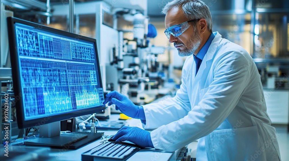 Focused Innovation: A dedicated scientist in a sterile lab environment, intently analyzing data on a computer screen. A powerful image for technology, research, innovation Focused Innovation: A dedicated scientist in a sterile lab environment, intently analyzing data on a computer screen. A powerful image for technology, research, innovation