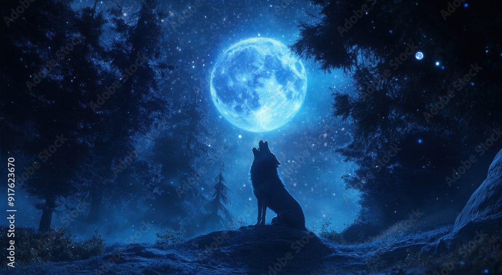 full body wolf howling at the moon in a forest with trees, night sky full of stars, cinematic full body wolf howling at the moon in a forest with trees, night sky full of stars, cinematic