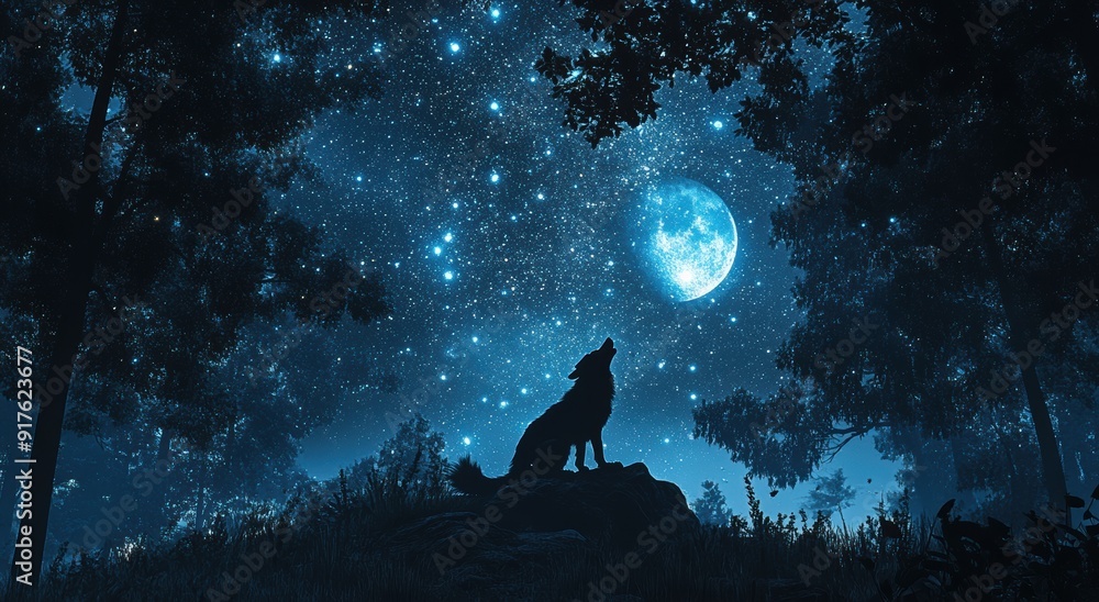 full body wolf howling at the moon in a forest with trees, night sky full of stars, cinematic full body wolf howling at the moon in a forest with trees, night sky full of stars, cinematic