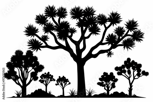 
Joshua tree, black silhouette of joshua tree, cacti, agaves, and prickly pear
