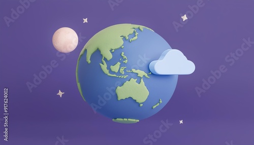 3D blue and green globe with a white cloud orbiting it against a purple background, 3D rendering