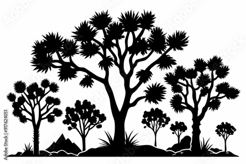 
Joshua tree, black silhouette of joshua tree, cacti, agaves, and prickly pear