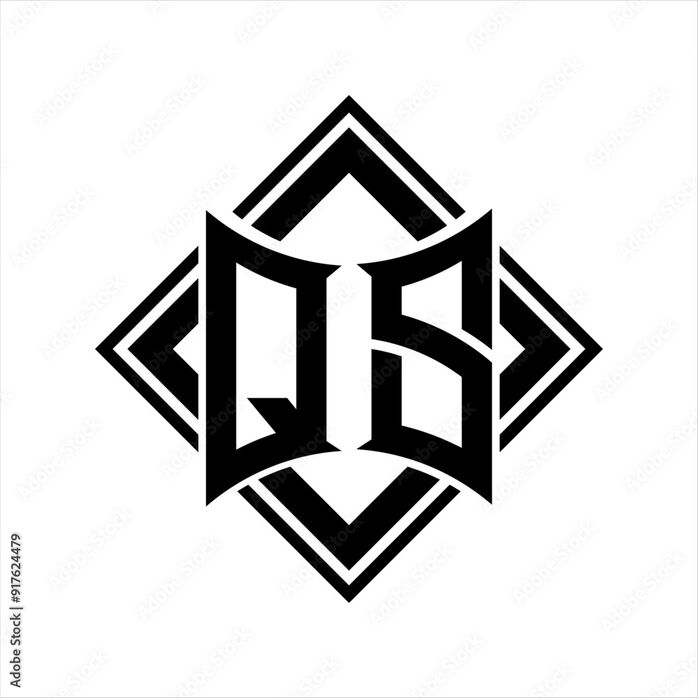QS Letter logo with abstract shield shape with square black outline on white background design QS Letter logo with abstract shield shape with square black outline on white background design
