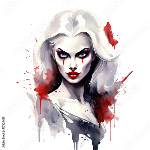 Vampire queen halloween avatar white hair lamorous masked blood model with dramatic makeup and hairstyle in gothic transparent background photo