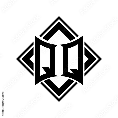 QQ Letter logo with abstract shield shape with square black outline on white background design