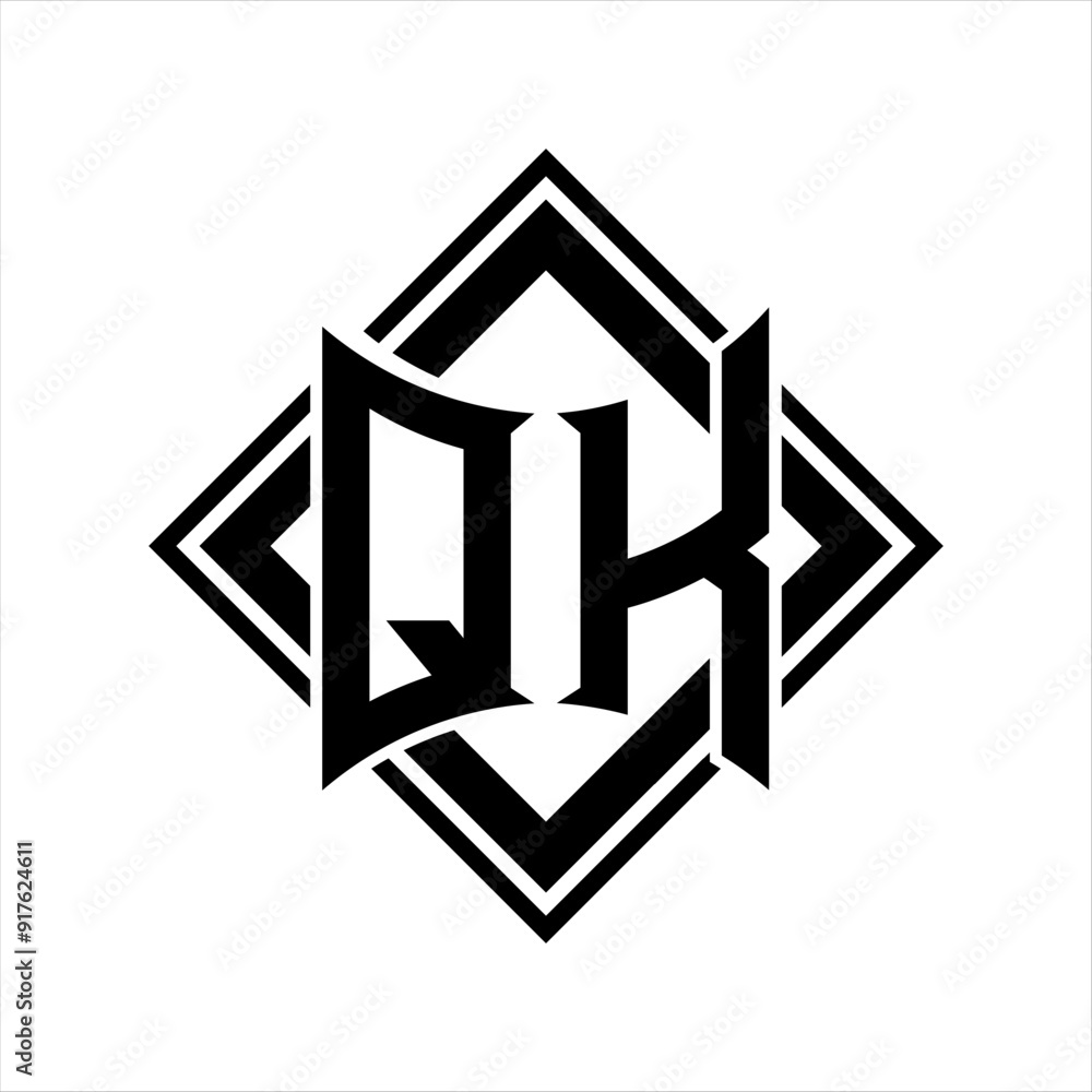 QK Letter logo with abstract shield shape with square black outline on white background design QK Letter logo with abstract shield shape with square black outline on white background design