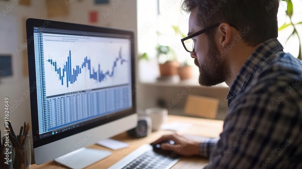 Focused on the Data: A businessman analyzes a financial chart on his computer, showcasing the dedication and precision required for successful stock market trading. Focused on the Data: A businessman analyzes a financial chart on his computer, showcasing the dedication and precision required for successful stock market trading.