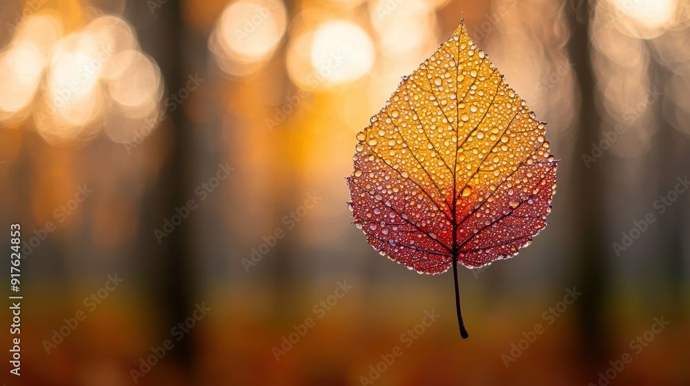Autumn Leaf with Dew Drops: Close-up of Intricate Veins in Warm Gradient Colors Against Blurred Forest Background Autumn Leaf with Dew Drops: Close-up of Intricate Veins in Warm Gradient Colors Against Blurred Forest Background