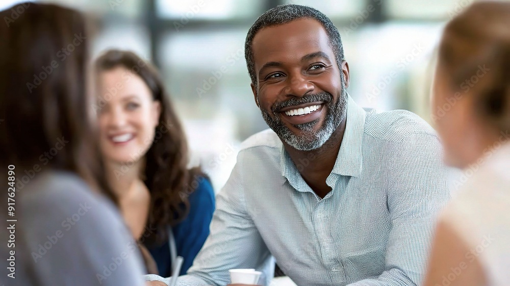 Confident Leadership: A charismatic leader with a warm smile engages with colleagues during a productive meeting, radiating positivity and fostering collaboration. Confident Leadership: A charismatic leader with a warm smile engages with colleagues during a productive meeting, radiating positivity and fostering collaboration.