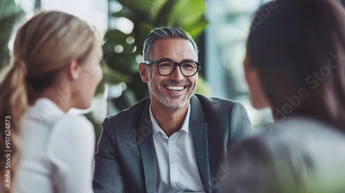 The Power of Collaboration: A seasoned businessman, radiating confidence and expertise, engages in a lively discussion with his female colleagues, fostering a dynamic and inclusive work environment. 