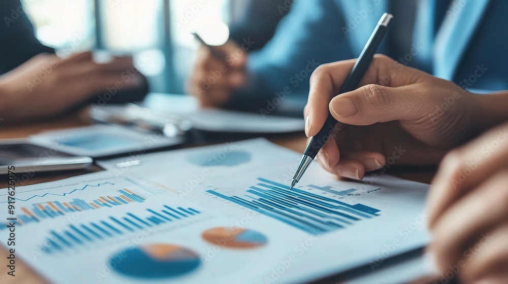 Business Strategy Session: Close-up of hands analyzing financial data on charts and graphs, representing strategic planning, collaboration, and data-driven decision making. Business Strategy Session: Close-up of hands analyzing financial data on charts and graphs, representing strategic planning, collaboration, and data-driven decision making.