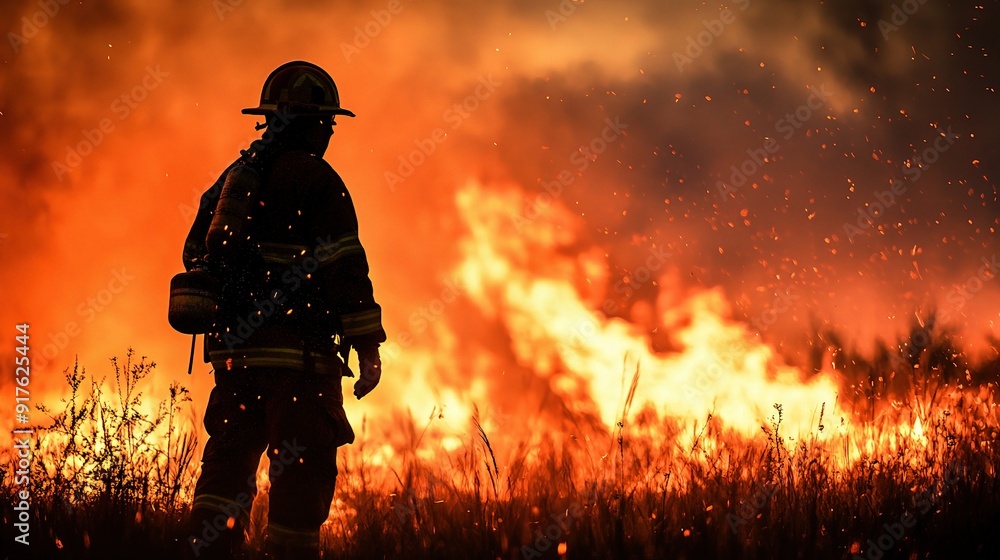 Firefighter Silhouette in Blazing Wildfire: A powerful silhouette of a firefighter standing against a backdrop of a raging wildfire, capturing the intensity, danger, and heroism of their work. Firefighter Silhouette in Blazing Wildfire: A powerful silhouette of a firefighter standing against a backdrop of a raging wildfire, capturing the intensity, danger, and heroism of their work.