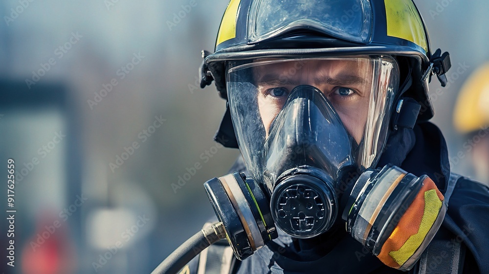 Firefighter's Resolve: A close-up portrait of a determined firefighter, his face obscured by a protective mask, conveying courage, readiness, and the unwavering commitment to safety. Firefighter's Resolve: A close-up portrait of a determined firefighter, his face obscured by a protective mask, conveying courage, readiness, and the unwavering commitment to safety.