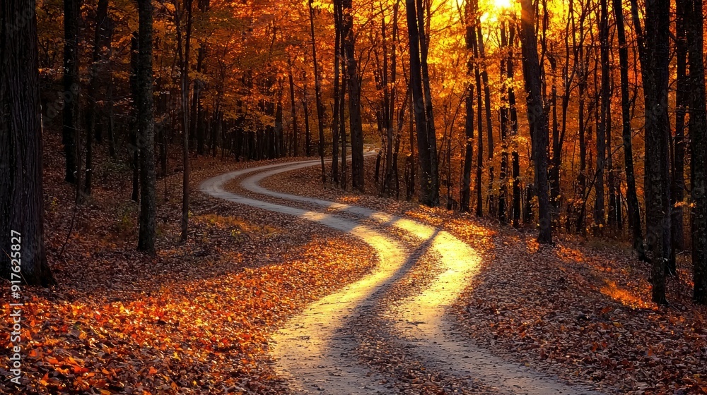 Obraz premium Enchanted Autumn Journey: Winding Path Through Forest with Fallen Leaves, Trees Forming Archway, Bathed in Soft Sunlight