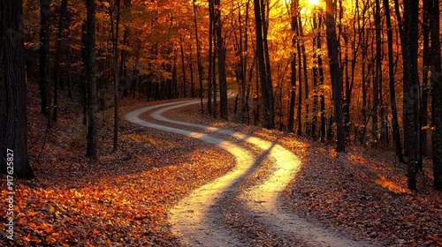 Enchanted Autumn Journey: Winding Path Through Forest with Fallen Leaves, Trees Forming Archway, Bathed in Soft Sunlight