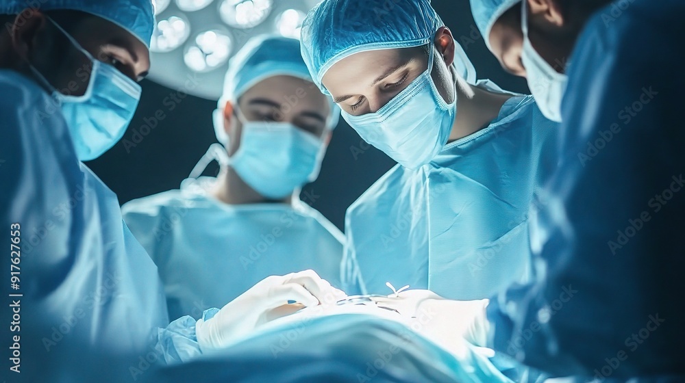 Precision and Focus: A team of dedicated surgeons, clad in sterile scrubs, perform a delicate procedure under the intense glow of surgical lights Precision and Focus: A team of dedicated surgeons, clad in sterile scrubs, perform a delicate procedure under the intense glow of surgical lights