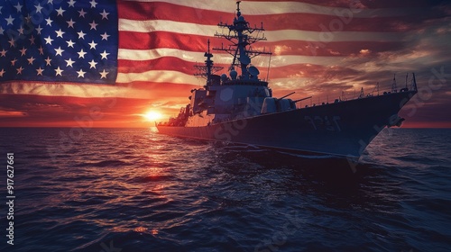  America Navy  Ship on the background of the American flag