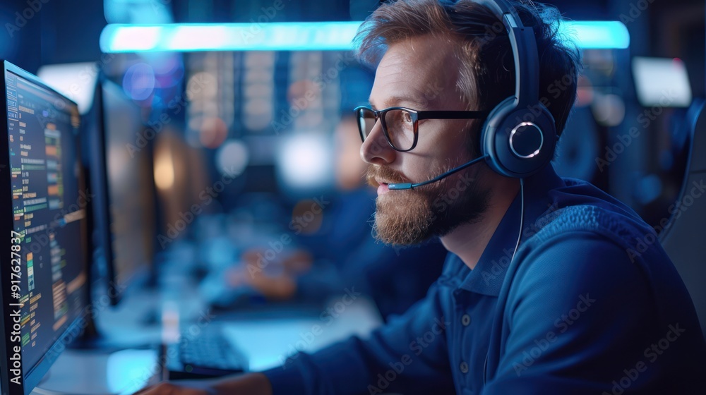 Professional customer service representative with headphones and glasses typing on computer in call center Professional customer service representative with headphones and glasses typing on computer in call center
