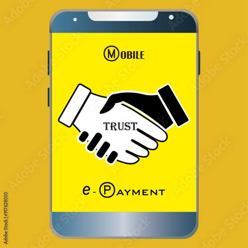 Online Payments Collage.financial trust, handshake icon on phone screen, payment trust Confident shopper securing a transaction,Metaphor composition. Financial transactions and investments, isolated.