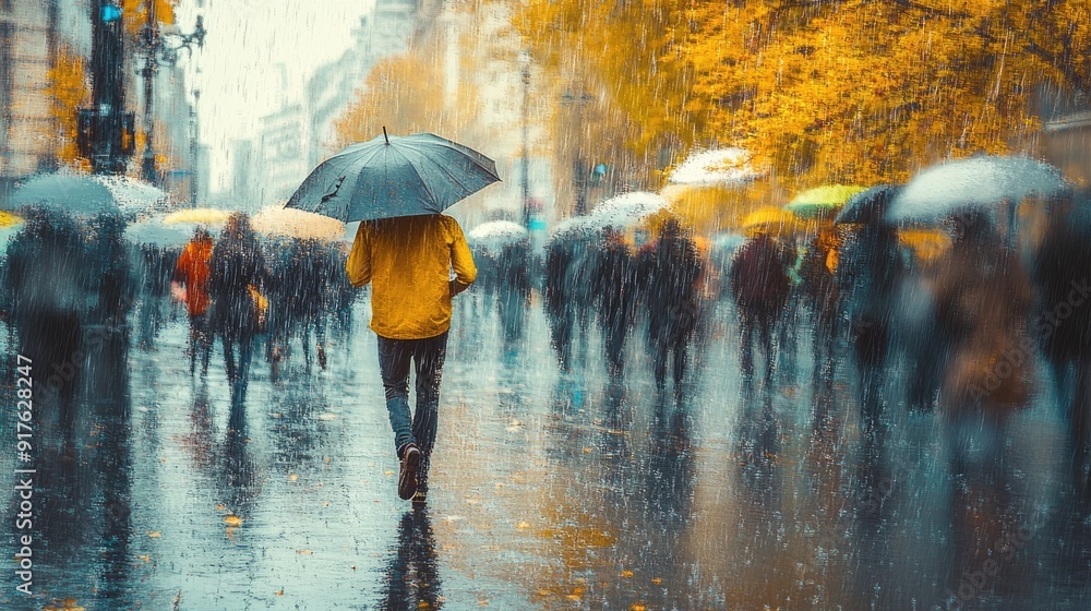 Fototapeta premium walking along the street under a gray umbrella.