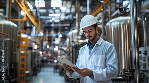 Industrial Precision: Engineer meticulously reviews blueprints in a bustling factory, ensuring seamless operations and top-notch quality control.