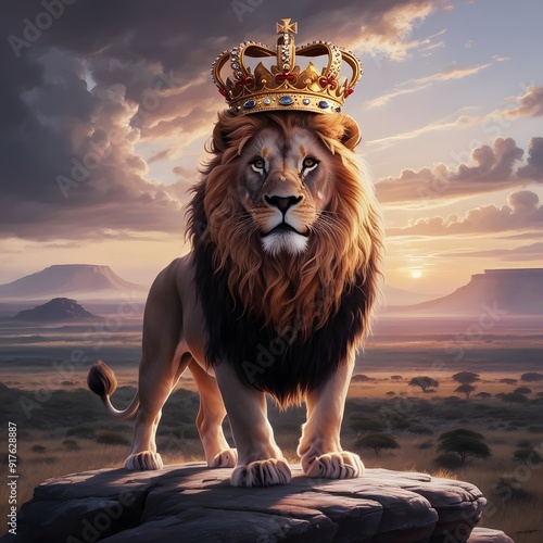 Majestic Lion with Jewel-Encrusted Crown Overlooking Savannah at Sunset