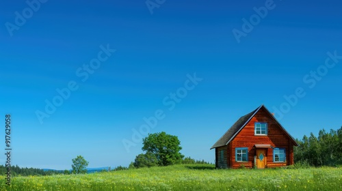 Wallpaper Mural A picturesque wooden house, alone in a verdant meadow, bathed in the light of a summer day with a clear, cerulean sky above. Torontodigital.ca