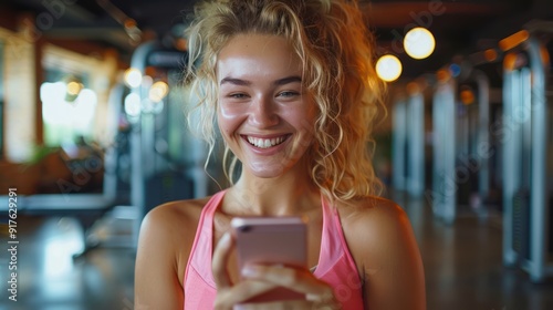 Fitness Success: Young Woman Celebrates Good News on Phone During Gym Break