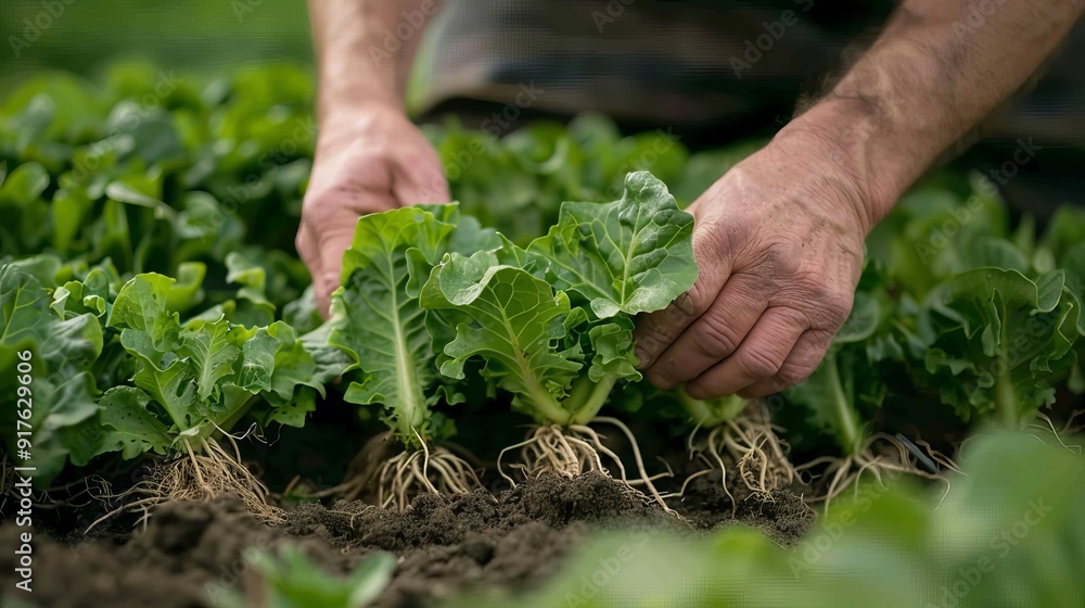 Farmer close-up holding and picking up green lettuce salad leaves with roots Farmer close-up holding and picking up green lettuce salad leaves with roots