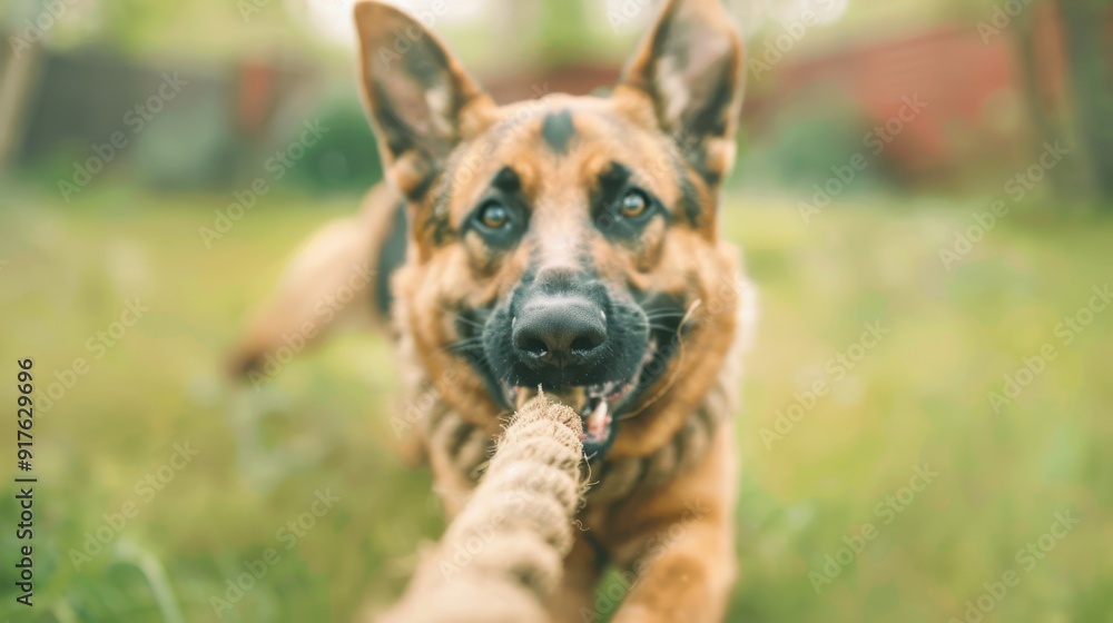 A playful German Shepherd dog pulling on a rope toy in a lush green yard, showcasing joy and energy in its eyes. A playful German Shepherd dog pulling on a rope toy in a lush green yard, showcasing joy and energy in its eyes.