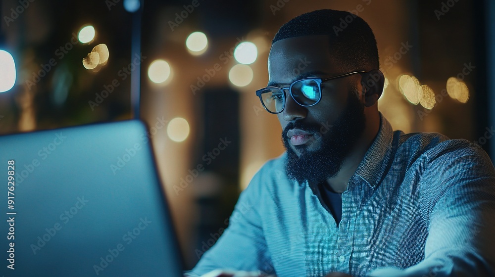 Focused in the City Lights: A young Black professional, illuminated by the glow of his laptop, works intently in a bustling urban environment Focused in the City Lights: A young Black professional, illuminated by the glow of his laptop, works intently in a bustling urban environment