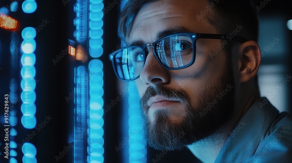 Cybersecurity Guardian: A focused IT professional monitors server activity, his glasses reflecting the vibrant glow of the data center. Cybersecurity Guardian: A focused IT professional monitors server activity, his glasses reflecting the vibrant glow of the data center.