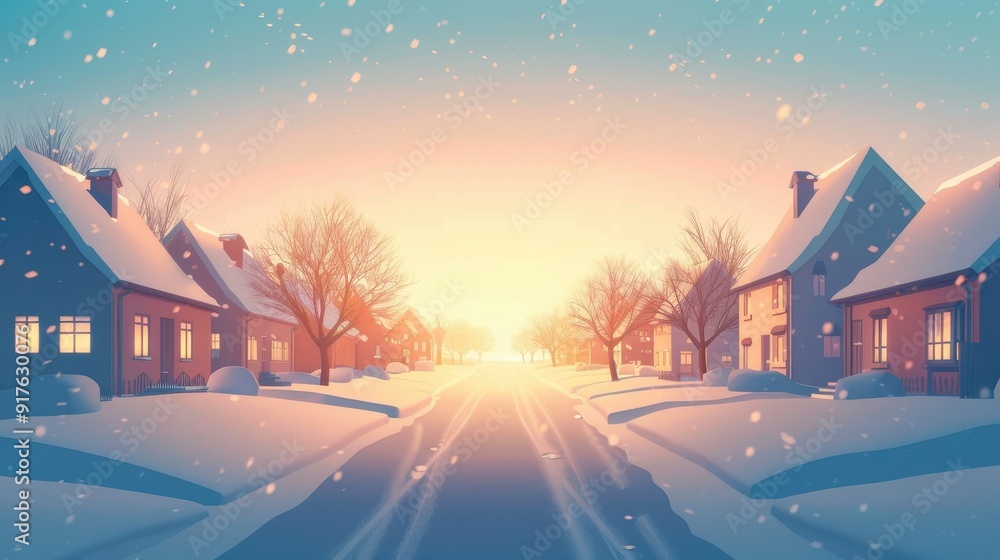 Fototapeta premium Charming winter village at sunrise with snow-covered houses, trees, and a tranquil street creating a picturesque and serene winter landscape.