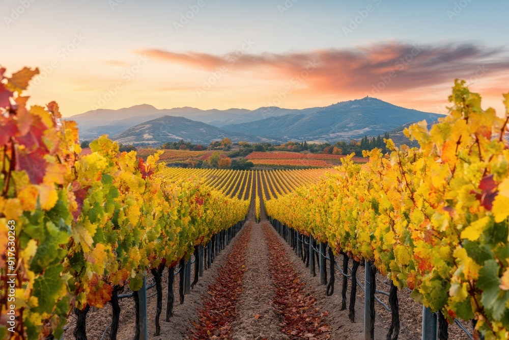 Naklejka premium Sunset Over Vineyard Rows with Autumn Colors in a Mountainous Landscape.