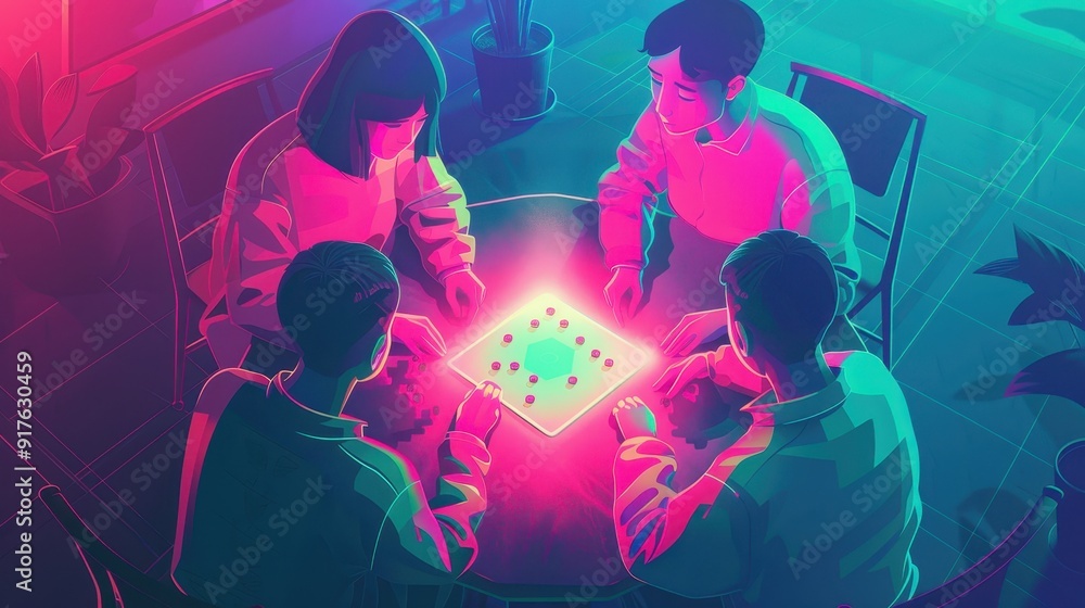Obraz premium Group of friends enjoying an immersive board game in a neon-lit room, creating a vibrant and engaging atmosphere of fun and competition.