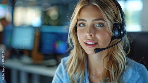 Smiling Blonde Call Center Operator Assisting Customer Over the Phone