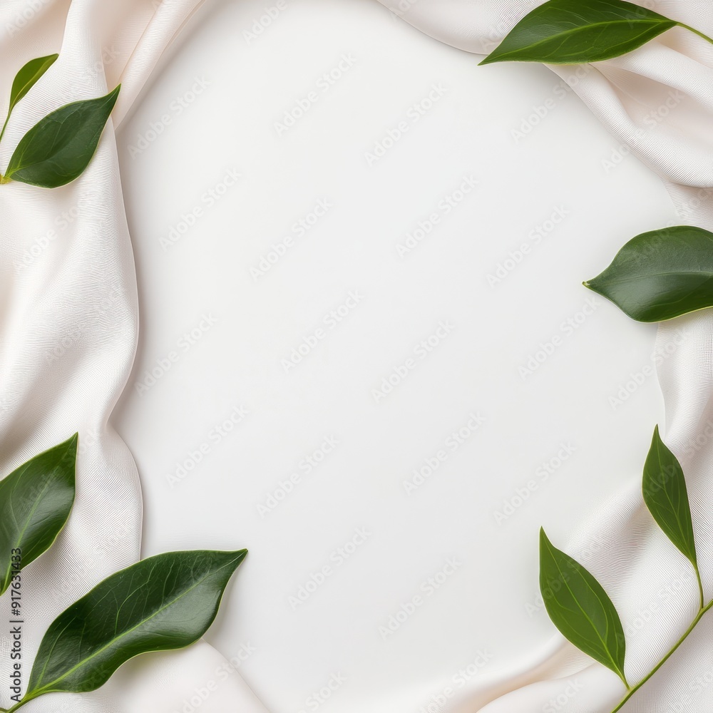 Naklejka premium Minimalist White Fabric and Green Leaves Frame