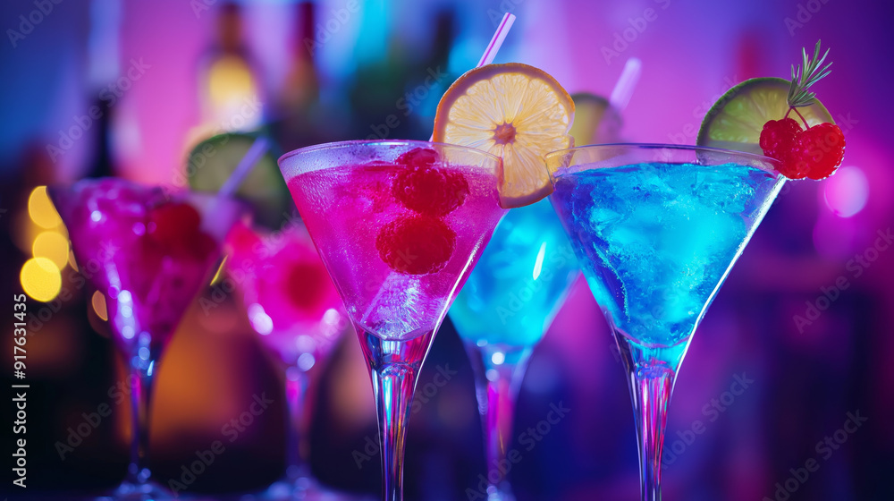 Colorful cocktails with fruit garnishes in a bar setting. Colorful cocktails with fruit garnishes in a bar setting.