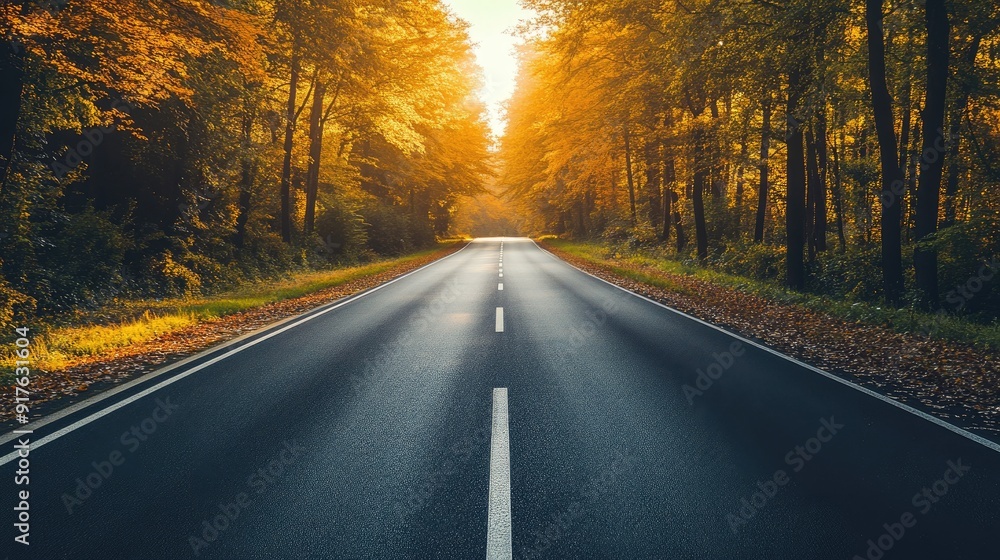 Fototapeta premium Autumn evening road - Amazing landscape shot of a rural highway running through a beautiful forest landscape. Orange and green leaves
