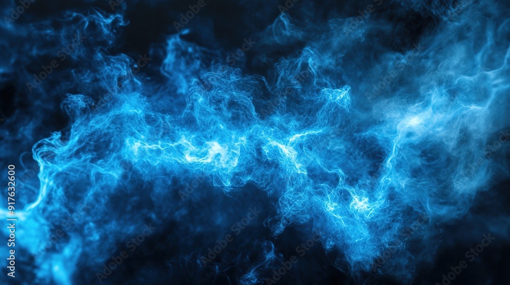 Fototapeta premium Black Background with Blue Lightning and White Smoke, Creating a High-Contrast and Electrifying Atmosphere