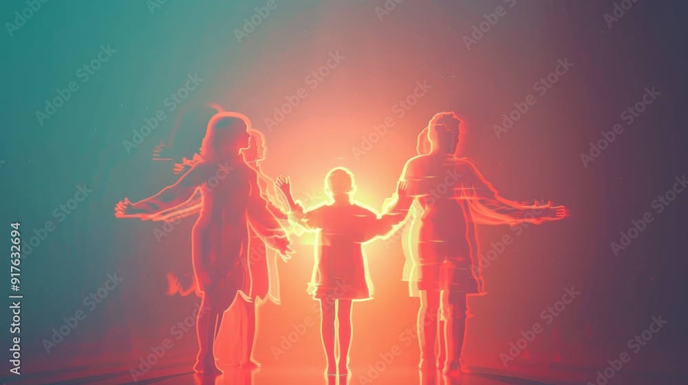 A vibrant silhouette of women and a child holding hands, representing unity and connection in a glowing, ethereal space. A vibrant silhouette of women and a child holding hands, representing unity and connection in a glowing, ethereal space.