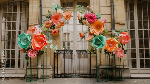 modern wedding arch on the old balcony in paris , next to the arch there are giant colorful paper flowers standing on tall green stands photo